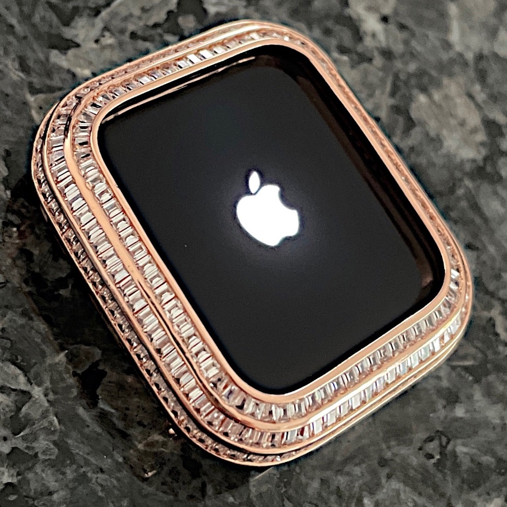 New Apple Watch case in Rose gold with 3 rows of lab diamond baguettes